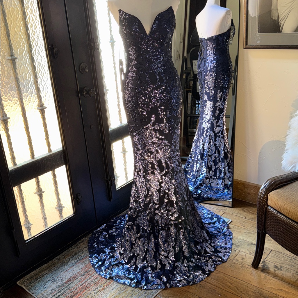 Jovani Strapless Navy Blue Sequin Gown Sz 4 Nwt